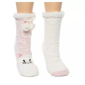 NWT CUDDL DUDS Sherpa Lined Critter Socks Size 4-10 2 Pk - Cat